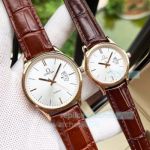 Copy Omega White Face Brown Leather Strap Rose Gold Watch 40mm For Lover 